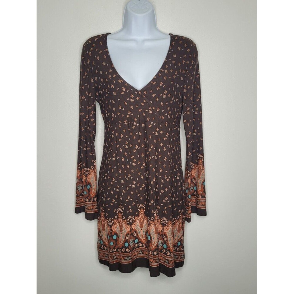 Venus brown tones boho bell sleeve hippie stretch mini dress size small